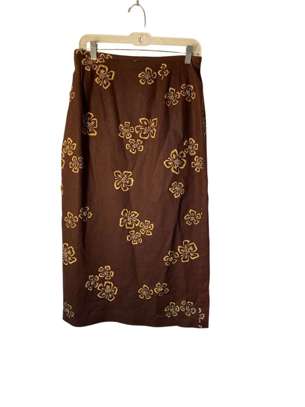 VTG Jessica Howard brown linen blend beaded midi skirt 10 P